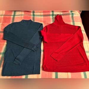Biline for Canada 100% Silk Sweater Red Turtleneck & Blue Crew Sweaters, Large
